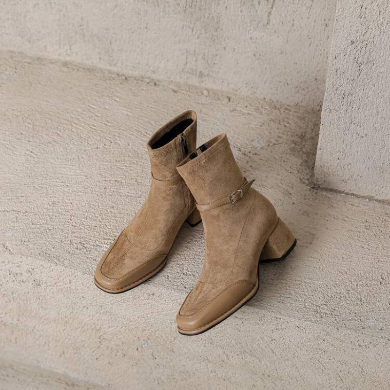 Korean version of mid-heel side zipper Martin boots women's rubber sole square head leather boots square heel solid color autumn and winter la