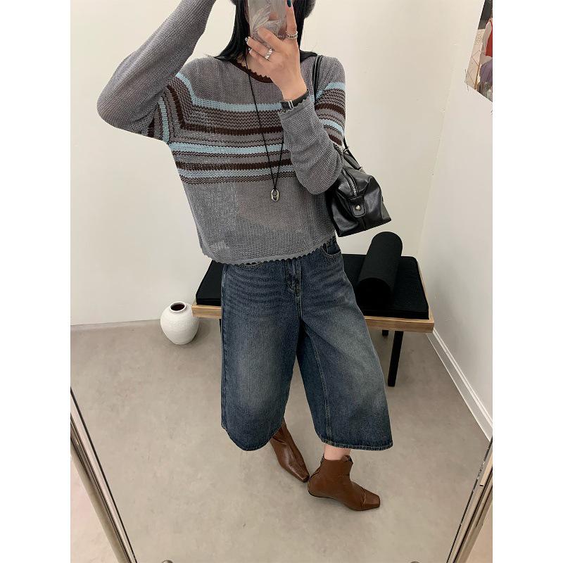Chic Korean-Style Striped Knit Sweater for Women - 2025 Long Sleeve Hollow Out Top