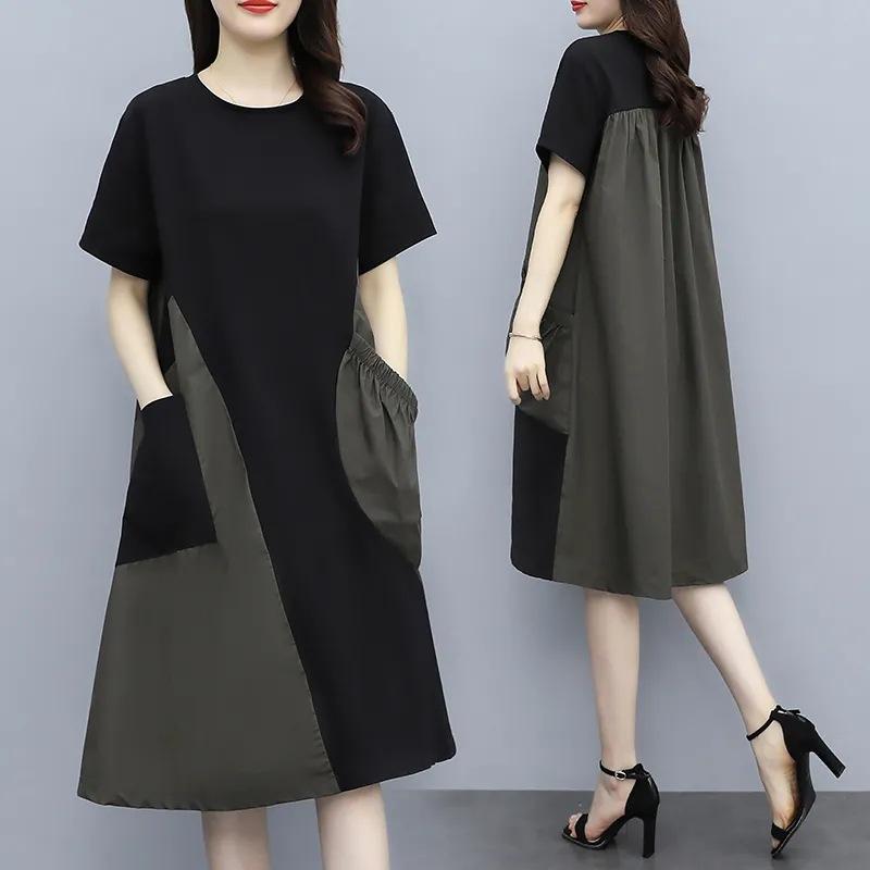 Women's Spring and Summer Loose Thin Section Round Neck Mid Length Loose Thin Cover Belly Splicing Dresses