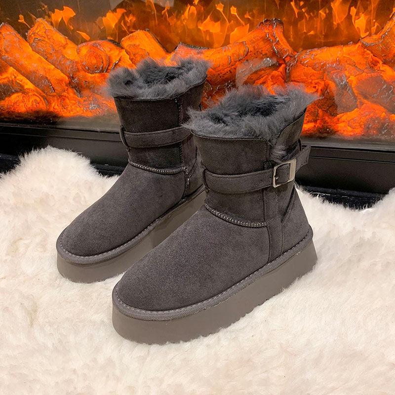 Gray Snow Boots Women's Winter Velvet Thickened Fur Integrated Thick Sole Heightening Long and Short Boots Snow Cotton Shoes