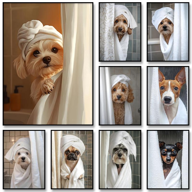 Cute Shower Dog Bathroom Decor Poster Dog in Bathtub Print Animal Murals Canvas for Home Decor Dog Lover Gifts