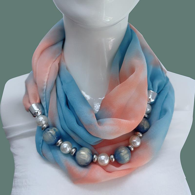 Chic Printed Scarf Necklace with Pearl and Bead Accents – Lightweight Chiffon Infinity Scarf for Women, Fashion Statement Accessory