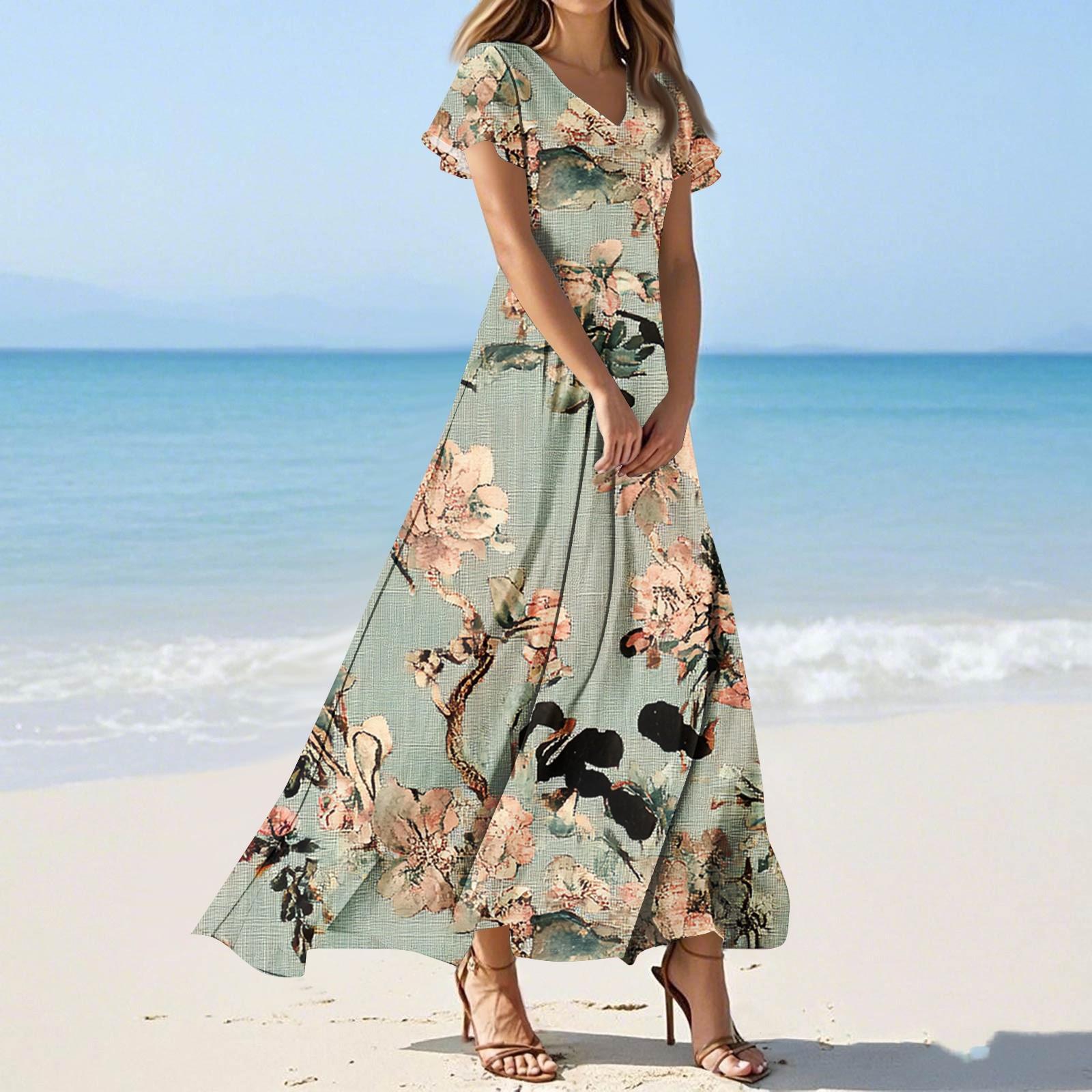 

Женские повседневные модные длинные платья с принтом, платья с V-образным вырезом и коротким рукавом XXL