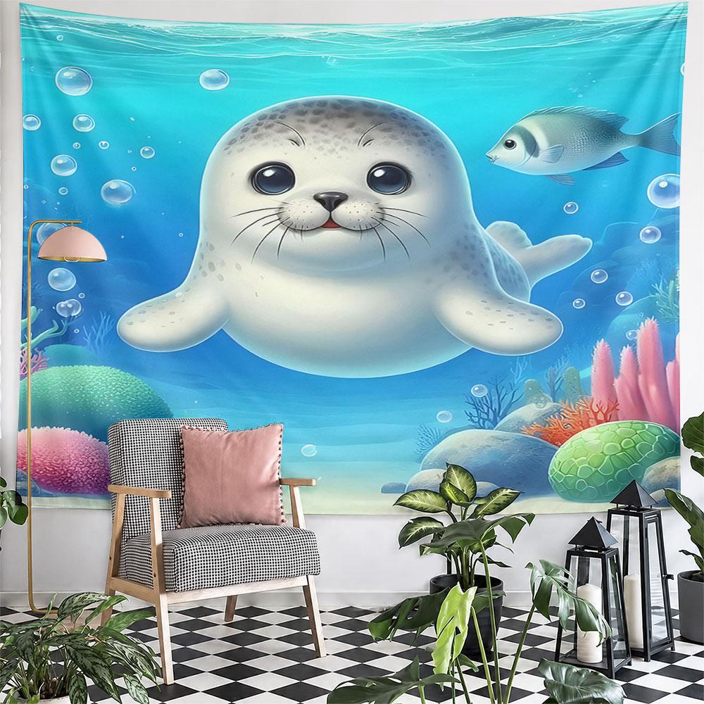 Cute Seal Underwater with Fish Pattern Wall Hanging Tapestry Decorative Tapestry Home Decor for Bedroom and Living Room