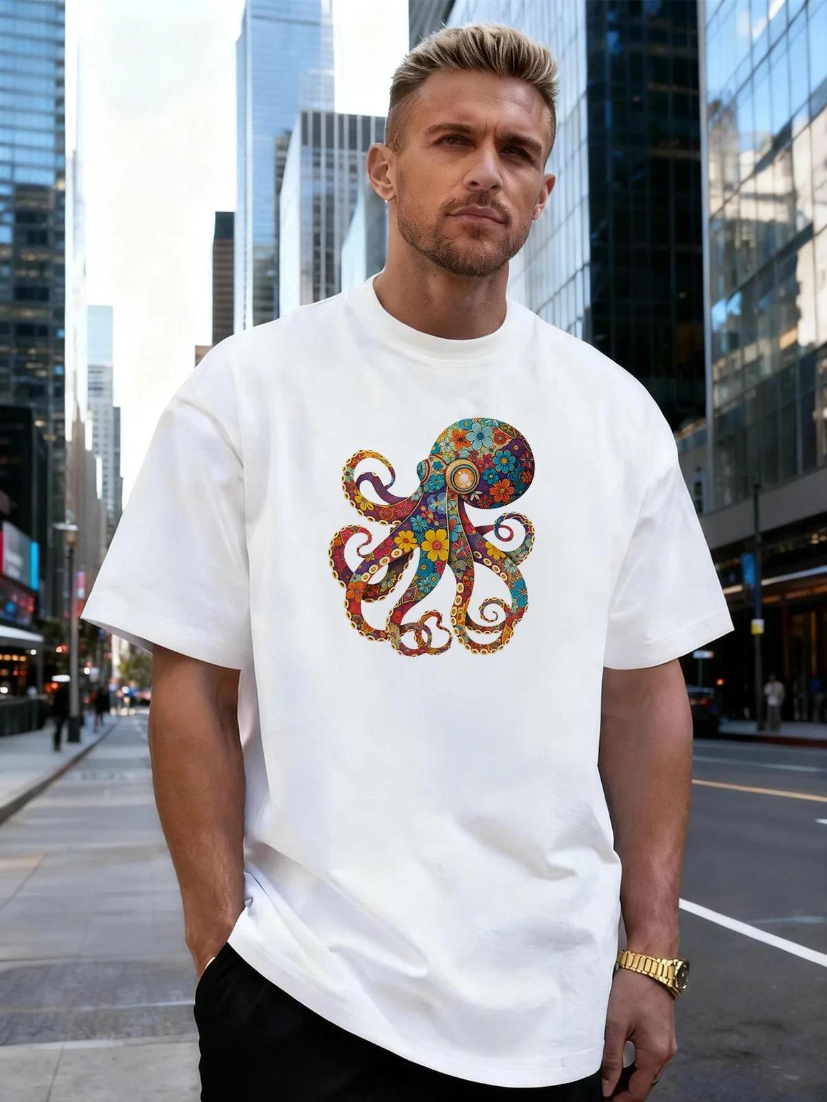 Colorful Floral Octopus Men s T-Shirt Sea Animal Graphic Tee Casual Streetwear M