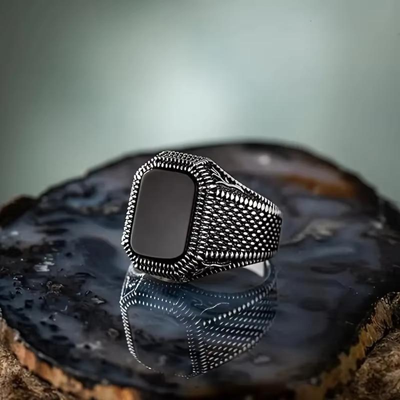 Huajie Men's Classic Turkish Signet Rings Square Black Zircon Punk Motor Biker Ring New Trendy Fashion