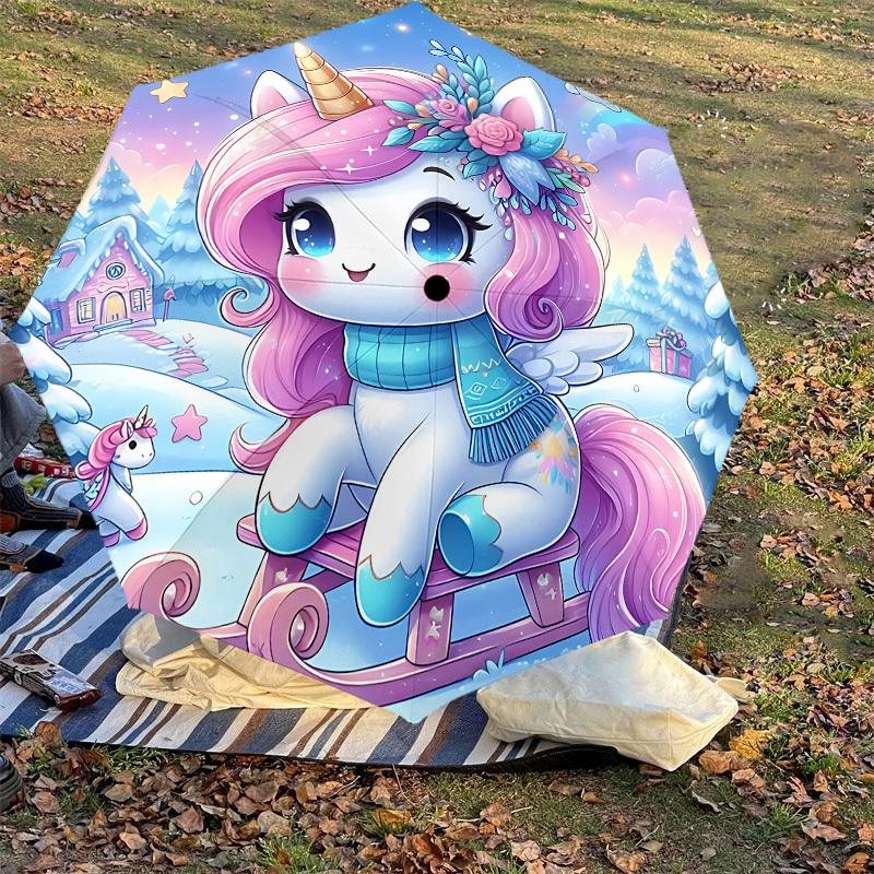 1PC Unicorn Winter Automatic Open/Close Umbrella with Windproof, 8-Rib Sturdy Canopy, Durable Ribs, Fashionable Design, Outdoor Accessory, Fun Prin, H