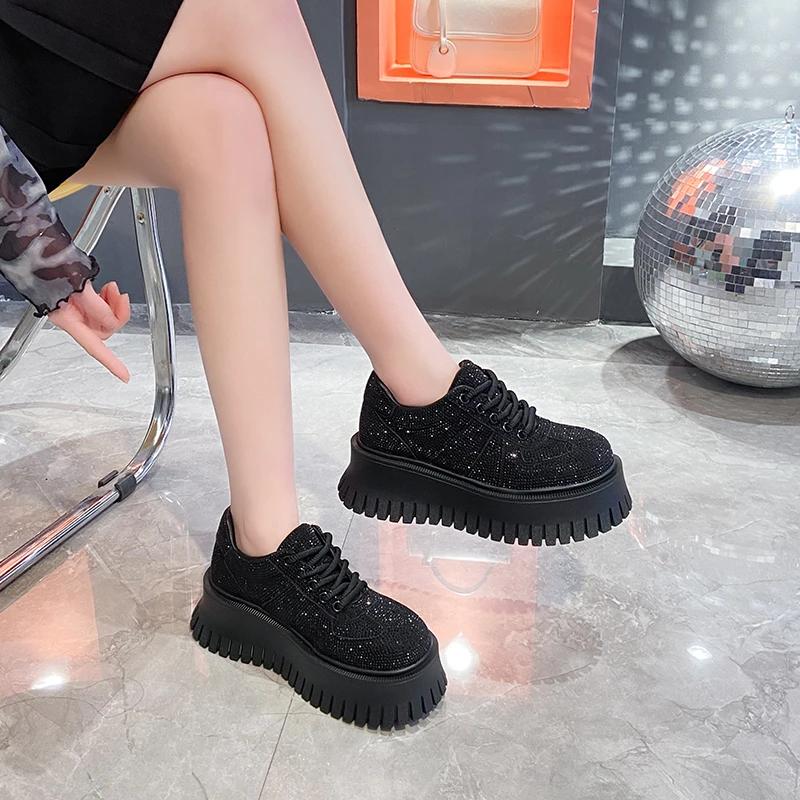 Women's Shoes Platform Sole Casual Lace-up Rhinestones 7cm Heel High Shoes Women Leisure Dress Fashion Shine Zapatillas De Mujer