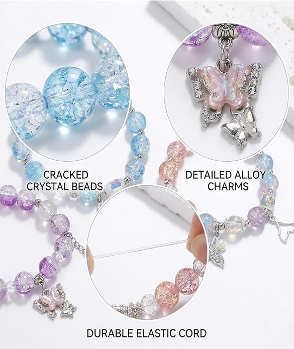 4 Pack Beaded Bracelets for Girls, Crackle Glass Beads with Charms, Stretch Bracelet Set