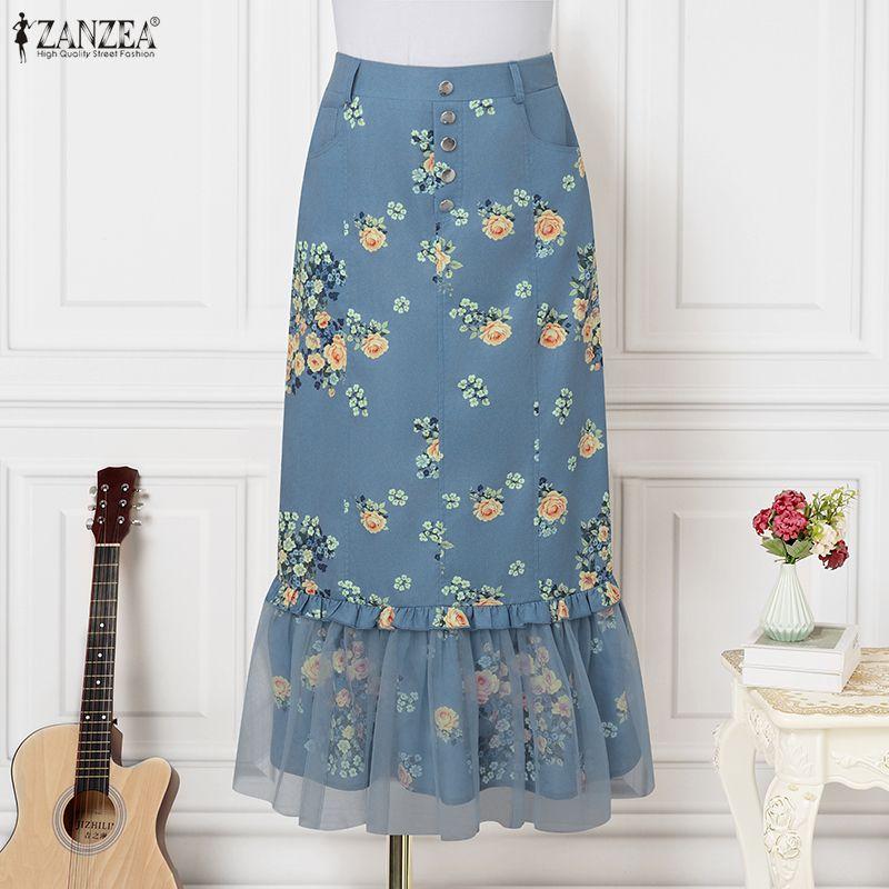 ZANZEA Womens Casual Floral Print Mesh Splice Hem Summer Midi Skirts