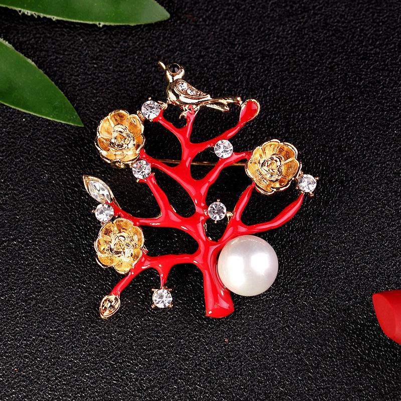 Chinese Style Bird Branch Pearl Brooch Drop Oil Design Flower Corsage Long-lasting Color Exquisite Cute Women's BFF Gift