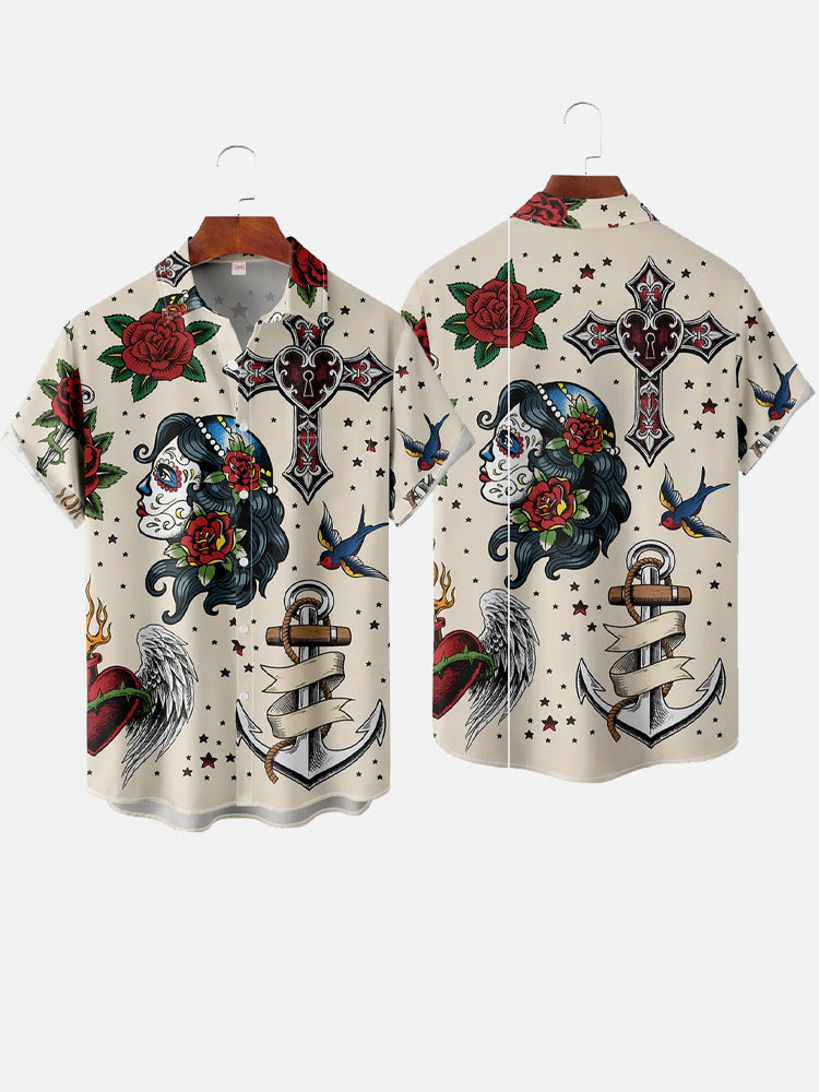 Mermaid retro printed shirts Men's European and American pattern Summer casual short sleeved shirt Hawaiian button