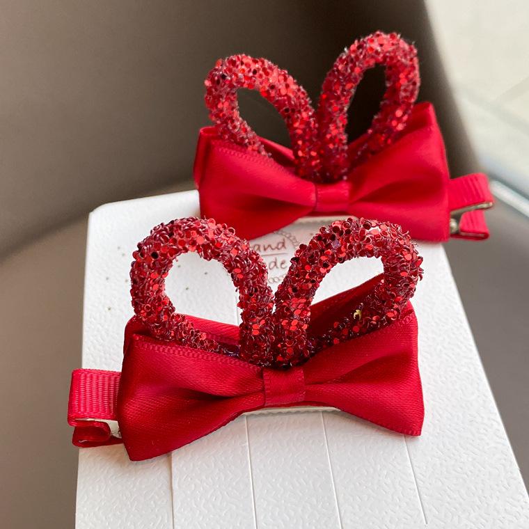 

Handmade Bunny Ear Bow Hair Clip with Rhinestone Edge for Kids