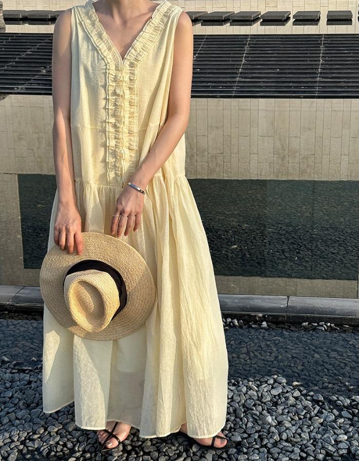 Johnature French Clear Fungus Edge A-line Korean Casual Loose Dresses Women Summer Sweet V-neck Sleeveless Dress