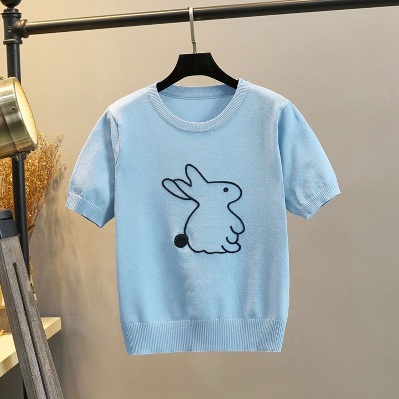 

Silm Short Sleeve Bunny Embroidered Thin White T-Shirt Blue M