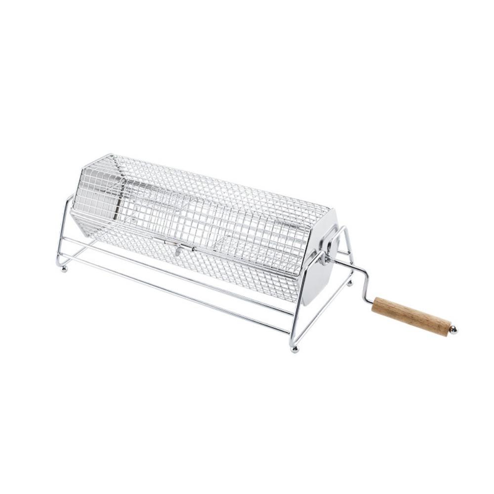 with Wood Handle Rolling BBQ Grill Mesh Basket Stainless Steel Grill Rotisserie Basket Picnic