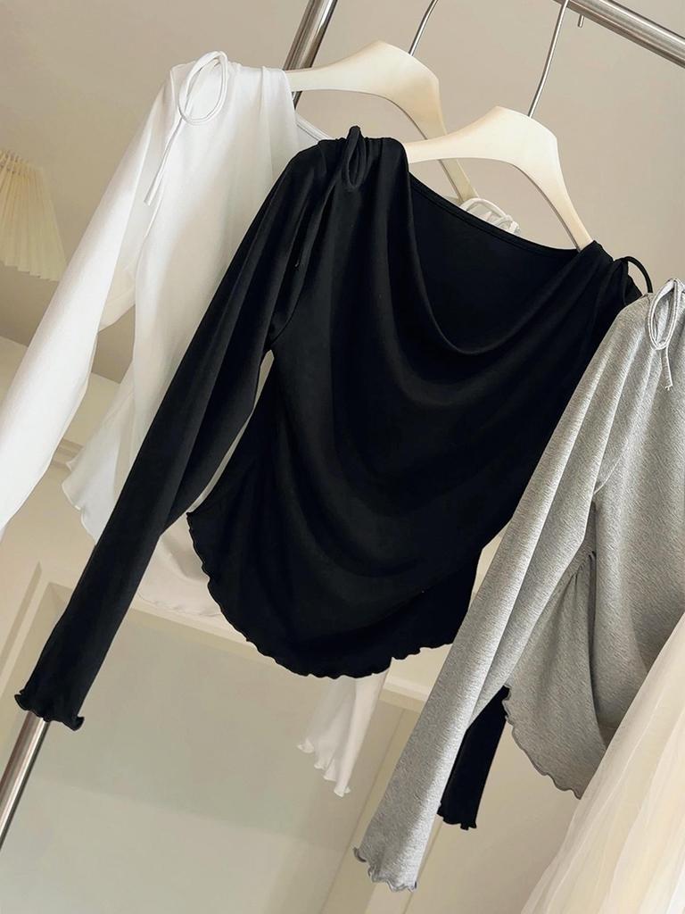 Korean-Style Slim-Fit Flowy Collar Long-Sleeve Tee for Women - Elegant Spring Arrival