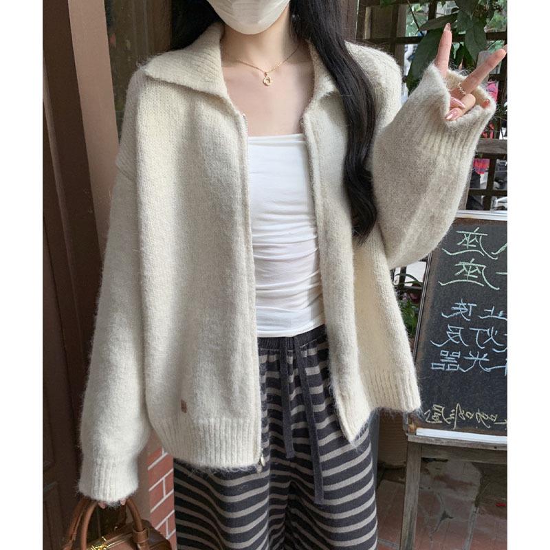 Women's Korean-Style Loose Lapel Double Zipper Sweater Coat - Autumn/Winter 2025 Knitted Cardigan