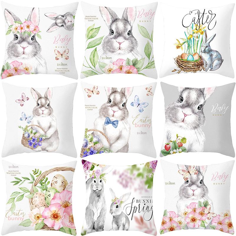 Easter Peach Leather Velvet Pillowcase Spring Painted Rabbit Flowers Digital Printed Home Fabric Pillowcase