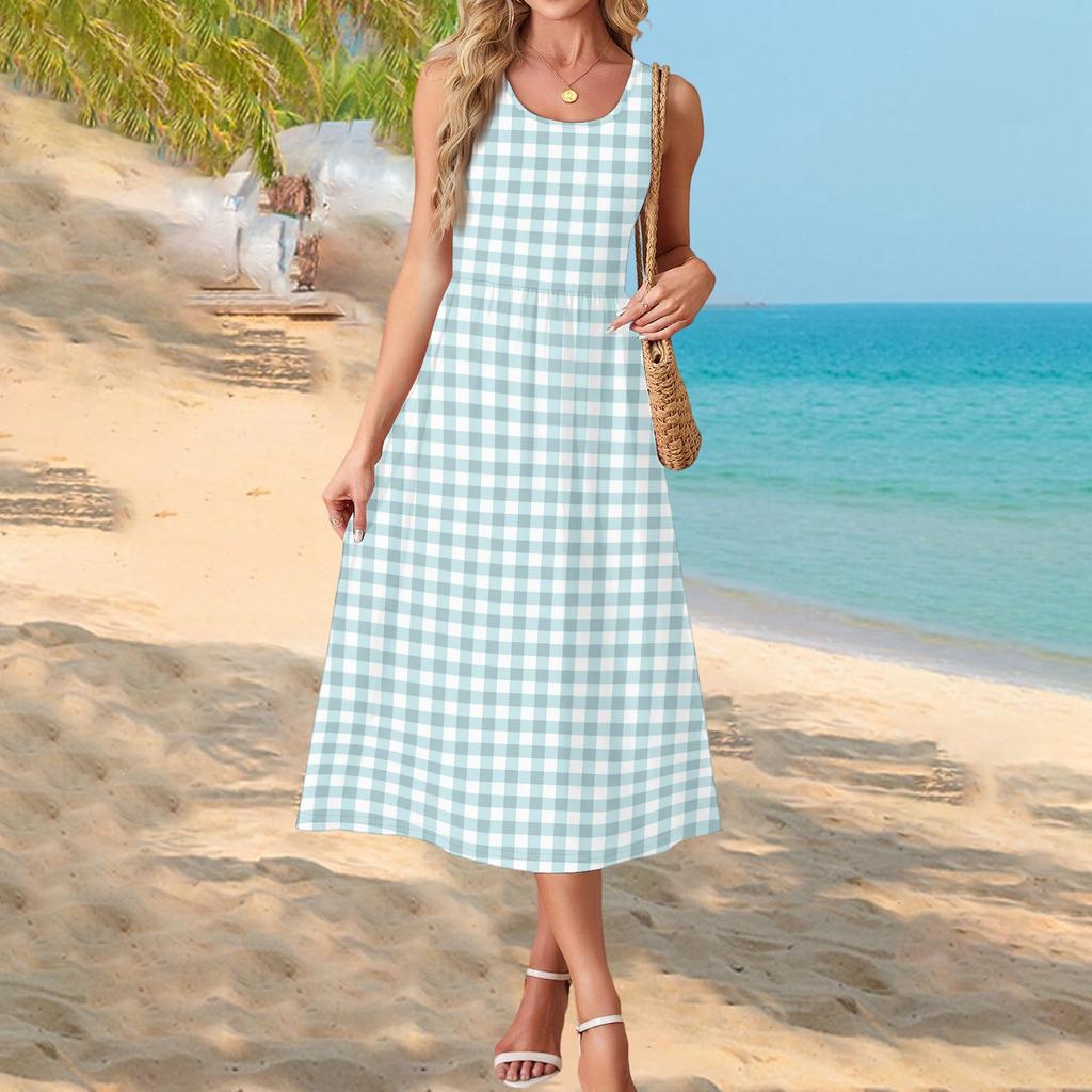 Elegante abito estivo da donna, abbigliamento casual chic, gonna prendisole da spiaggia con tasche