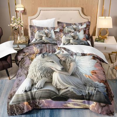 3pcs Anime Wolf and Angel Theme Bedding Set 3D Digital Print Duvet Cover with Pillowcases Soft Breathable Polyester