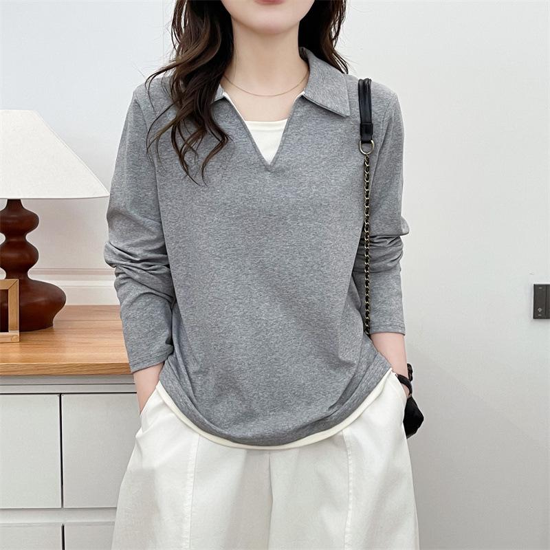 2026 Spring Plus Size Women's Long Sleeve Color Block 2-in-1 Cotton T-Shirt Slimming Top