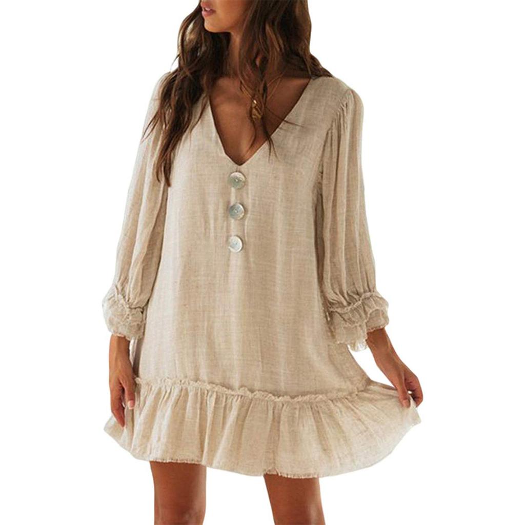 GMXIA Women's A-line Skirt Loose Long Sleeve Cotton Linen Dress with Ruffled Hem