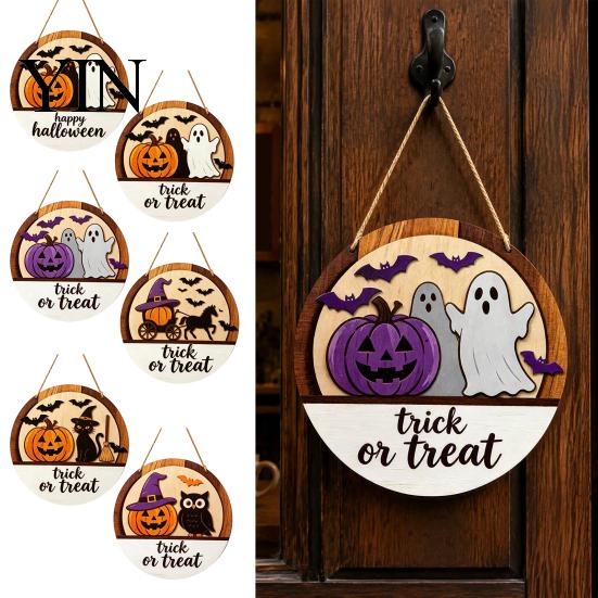 Halloween Door Sign Layered Round Hanger, 3D Pumpkin Ghost Owl Wood Welcome Sign, Handmade Farmhouse Front Wall Hanging Decor for Home Store