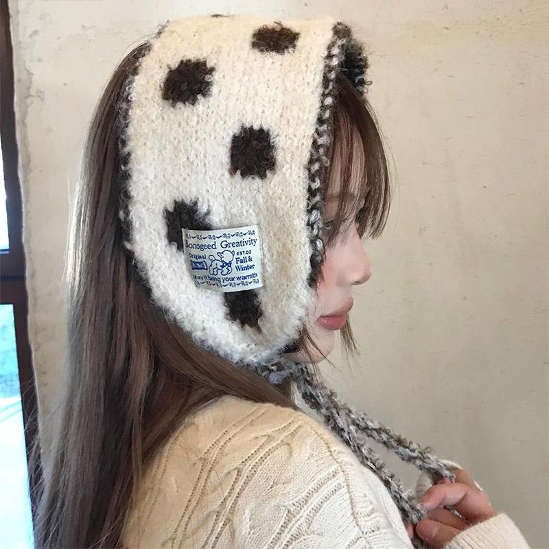 Cute Polka Dot Lace Up Small Scarf Women Winter New Versatile Multifunctional Warm Ear Protection Bag Headscarf Earmuffs Korean