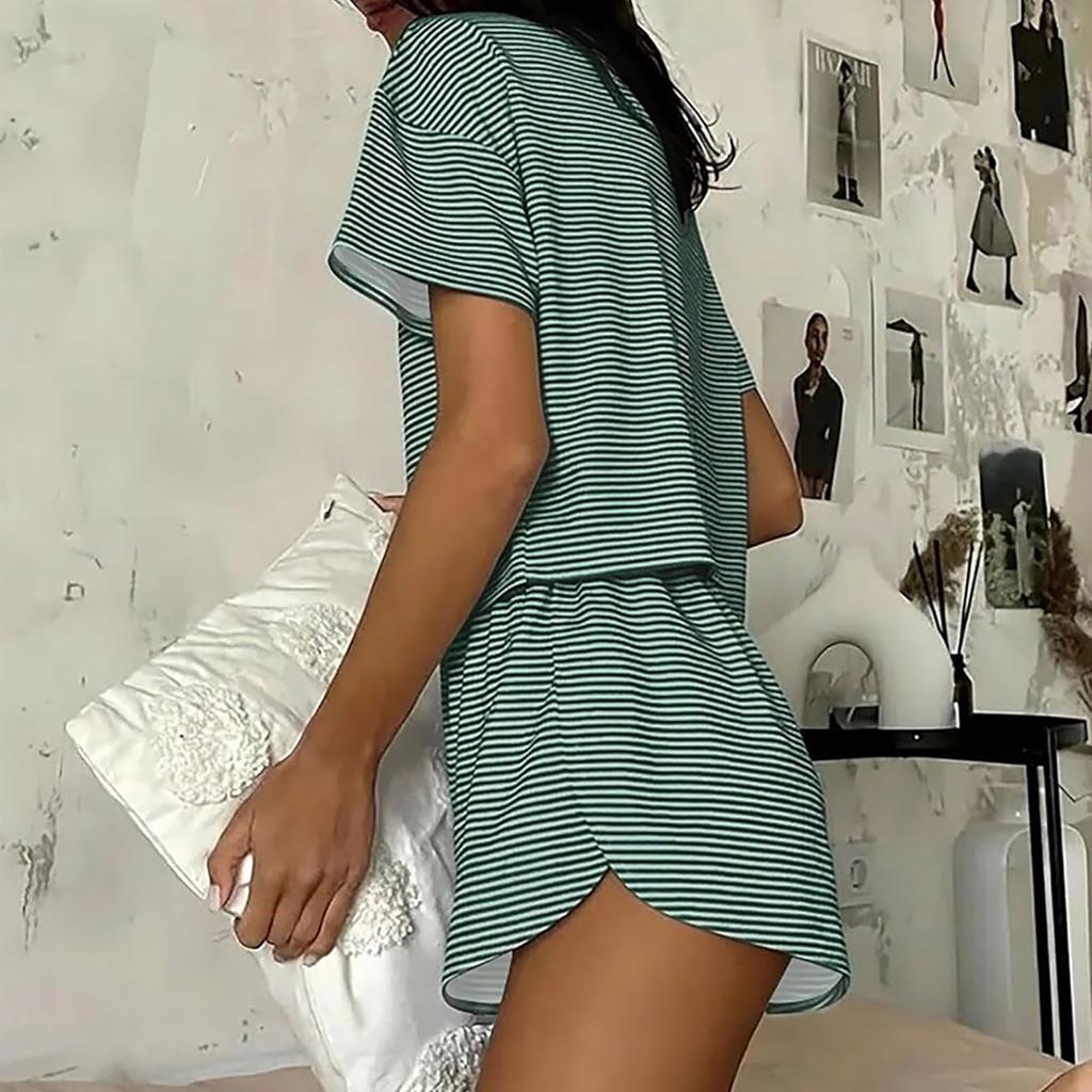 Women's Pajama Set Short Sleeve Striped Printed Two-piece Loungewear  Neck Pajamas Split Shorts Set Soft Sleepwear