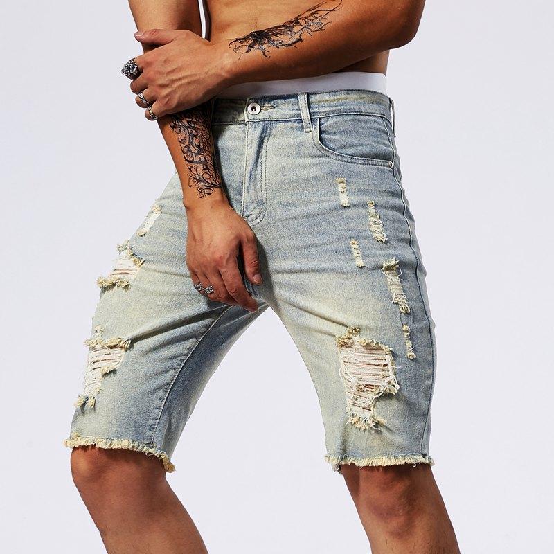 Summer Ripped Jeans Men Stretch Denim Shorts Male Short Jeans Slim Straight Shorts Fashion Black Jeans Man