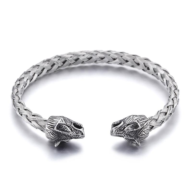 KALEN Wolf Skull Head Bracelet Stainless Steel Braided Cable Cuff Bracelet Bangle TRENDY