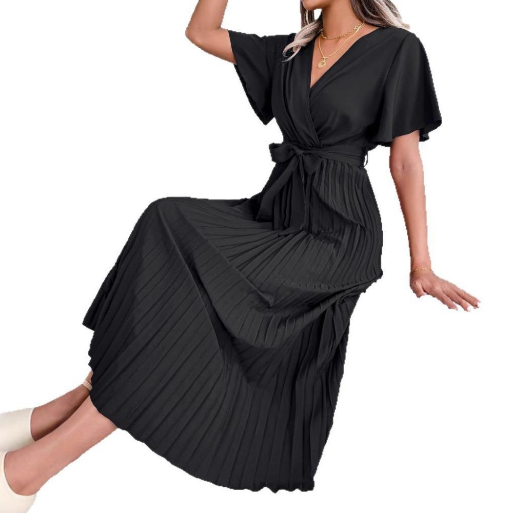 

Весенне-летние темпераментные платья модной длины с запахом, V-образным вырезом, расклешенной плиссированной юбкой XL чёрный