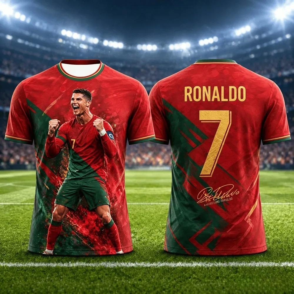 Special Edition Ronaldo Summer 3D Printed Children's Football Jersey T-shirt, Quick-drying and Breathable, Suitable for Everyday Wear.