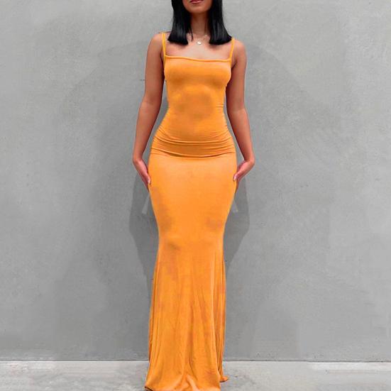 Women Sling Dress Sleeveless Square Collar Slim Fit Floor Length Dress Solid Color Office Party Wedding Sexy Dress