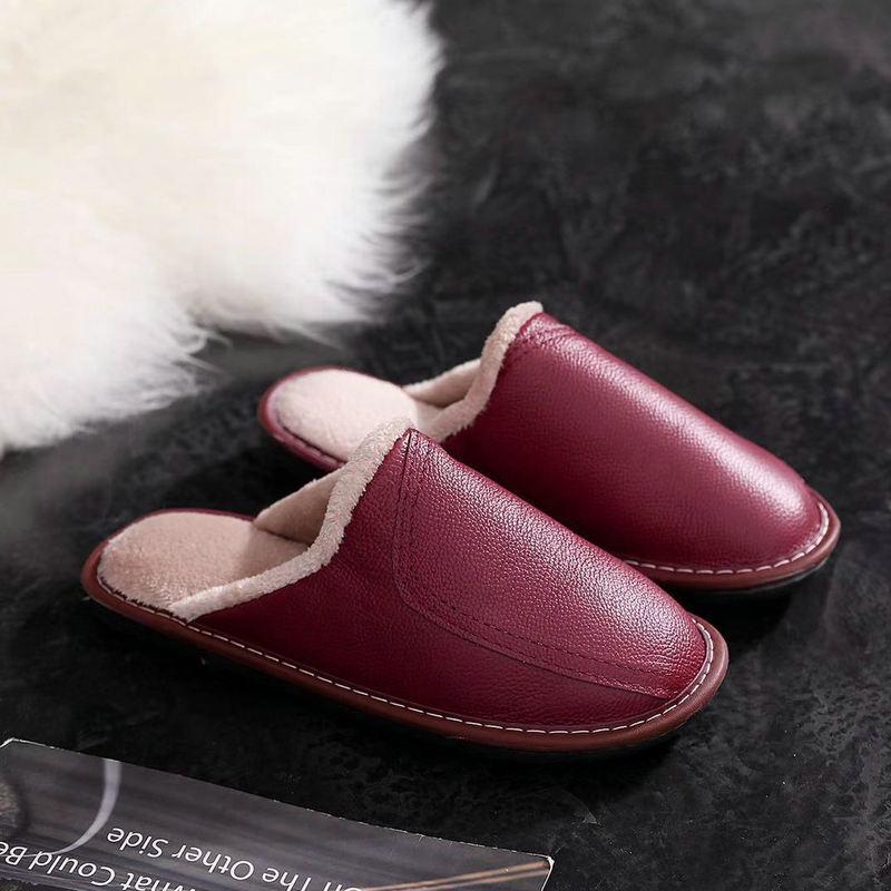 Fashion Autumn and Winter Slippers for Men and Women Indoor Leather Slippers for Home Leisure Thickened Top Layer Leather Slippers