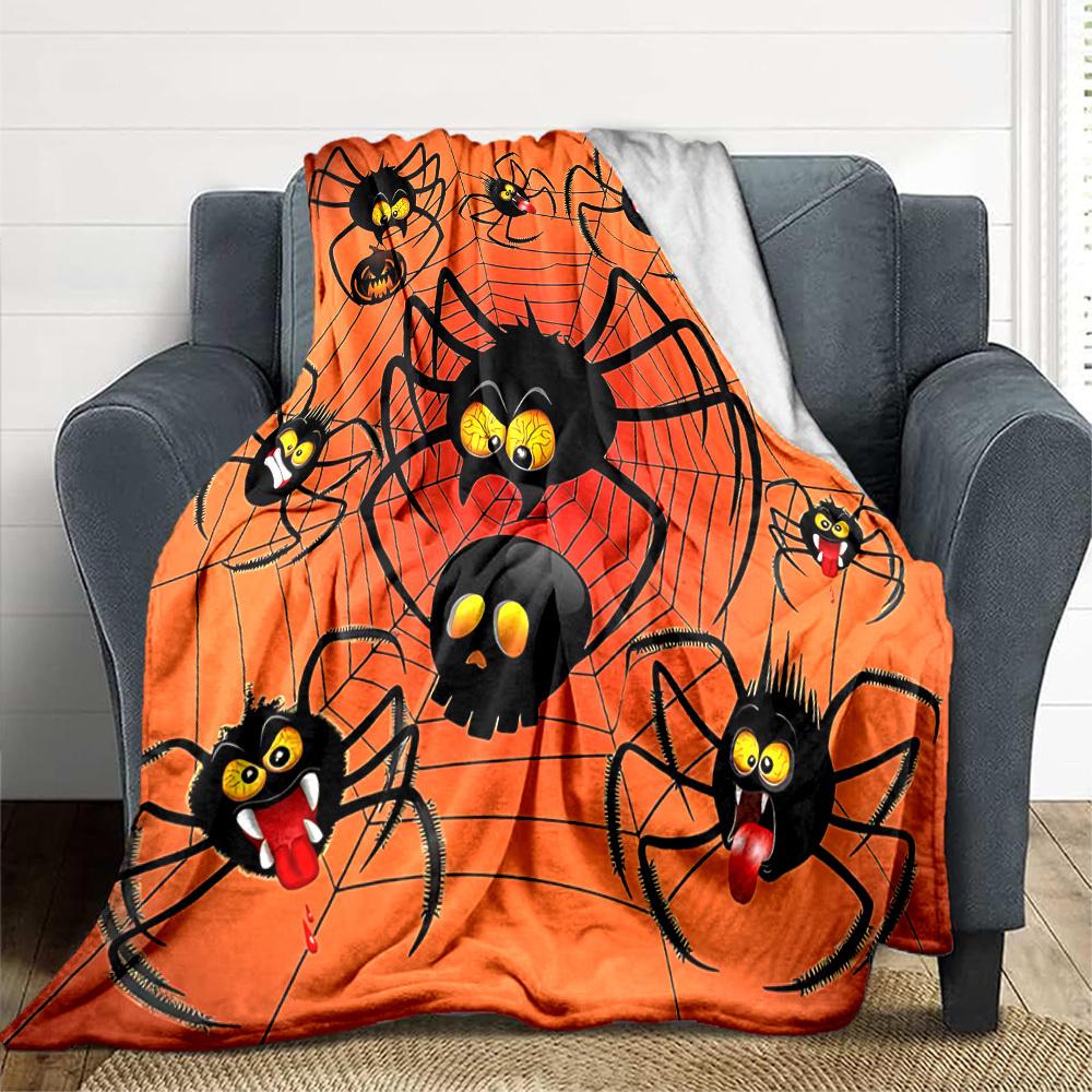 1pc Halloween Spiders Flannel Throw Blanket HD Printed Lightweight Soft Warm All Season Blanket for Sofa, Bed, Travel, Camping Machine Washable