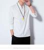 Men's Chinese Cotton-Linen V-Neck Retro Hanfu T-Shirt, Summer Three-Quarter Sleeve, Loose Plus Size