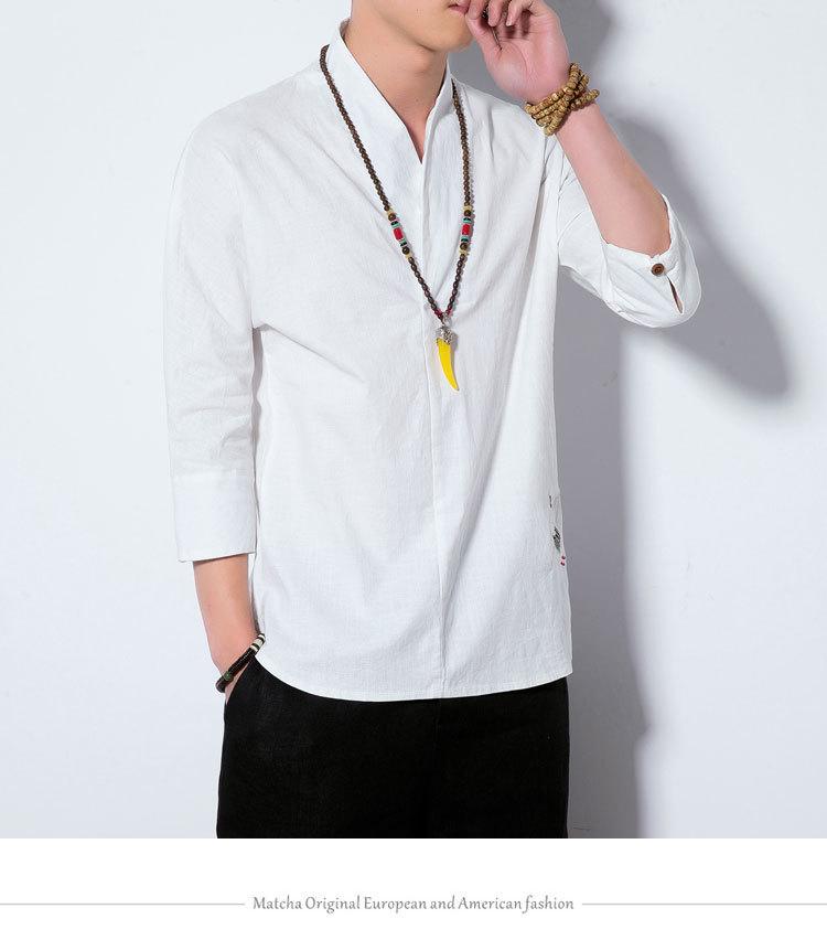 Men's Chinese Cotton-Linen V-Neck Retro Hanfu T-Shirt, Summer Three-Quarter Sleeve, Loose Plus Size