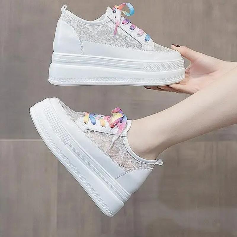 Fashion 8cm Lace Air Mesh Chunky Sneakers Wedge Platform Breathable Hollow Vulcanized Summer Spring Fashion Cow Genuine Leather Ladies