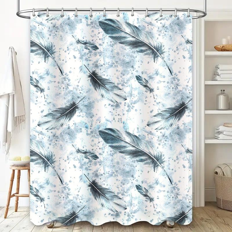 Blue Feather Print Shower Curtain Waterproof Bathroom Decor with Rod Pocket White Blue