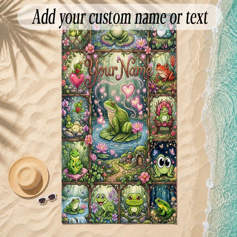 Frog Theme Soft Beach Towel Personalized Custom Name Text Towel Portable for Beach Pool Travel