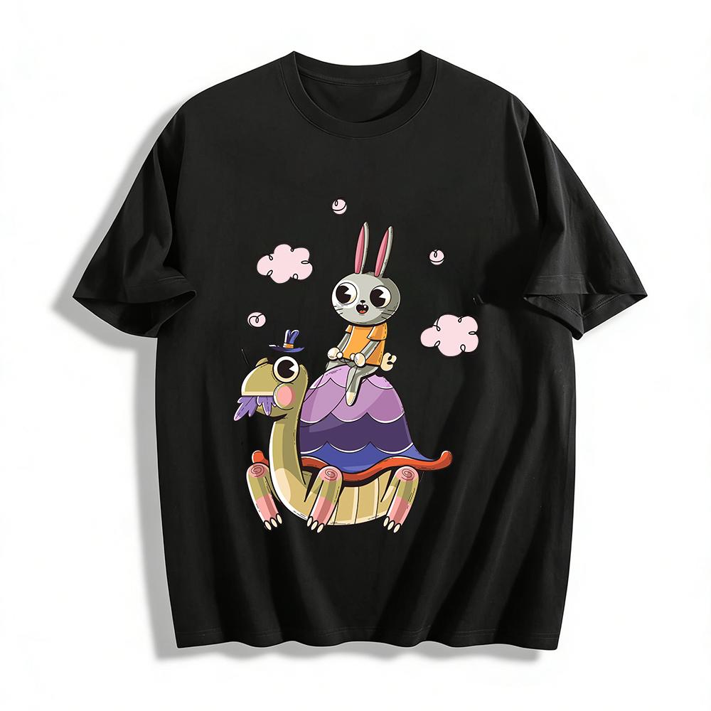 

Cute Rabbit Riding Turtle Graphic Casual T-Shirt Pure cotton T-shirt XXS