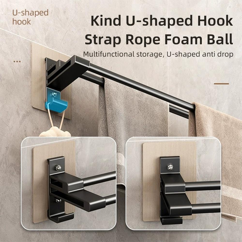 Bathroom Towel Rack Without Drilling Space Aluminum Shower Towel Holder Self-Adhesive Double Rod Towel Bar Bathroom Organizer