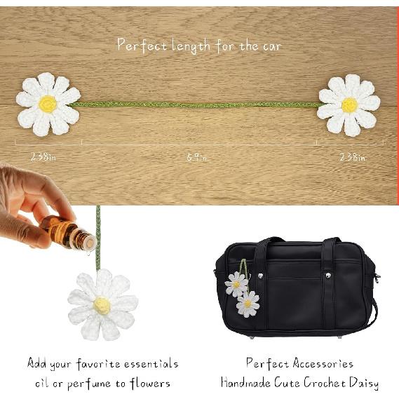 Cute Crochet Daisy Car Hanging Ornament, Handmade Knitted Flower Rear View Mirror Charm for Women, Aesthetic Car Accessories for a Cheerful and Cozy