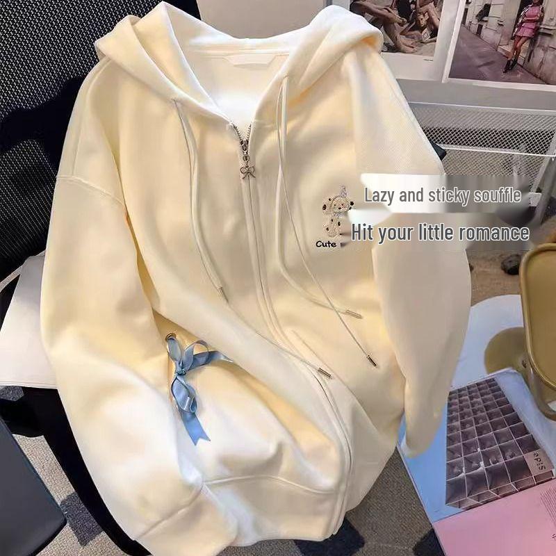 Women's Sweet Preppy Pink Hooded Sweatshirt - Bow Cardigan for Autumn/Winter