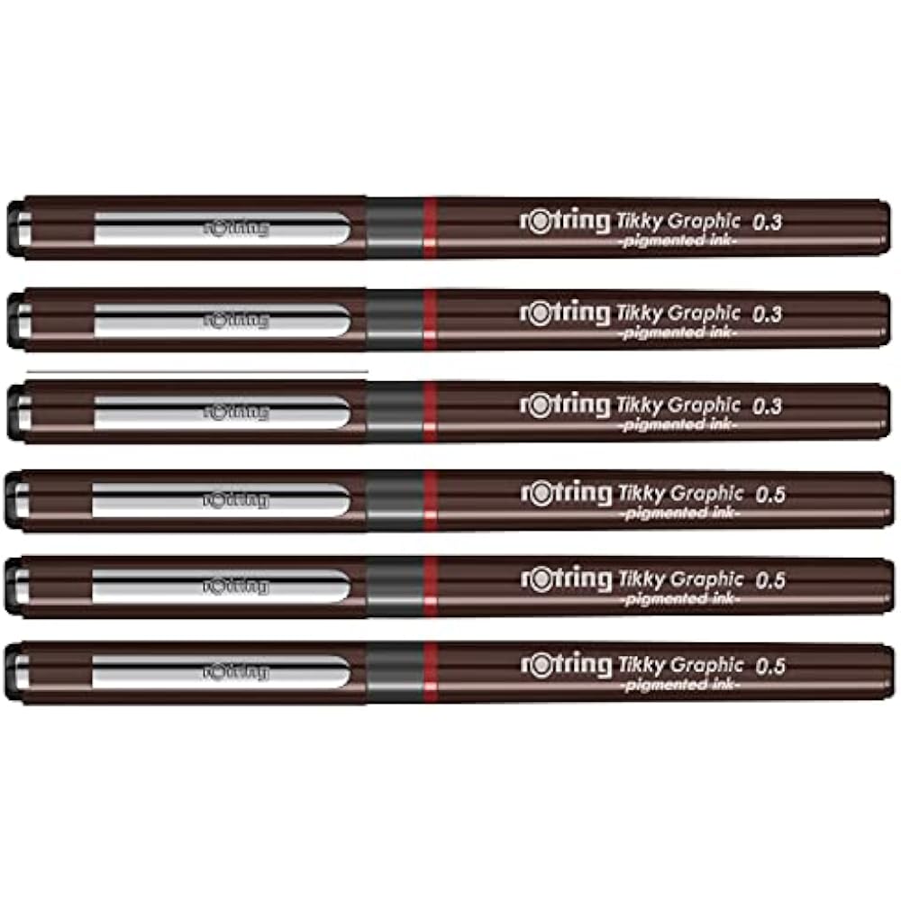 Rotring Tikky Graphic Pigment Liner 0.3mm & 0.5mm Pens - 3 Black Pigment Ink, Fiber Tips, Set of ...
