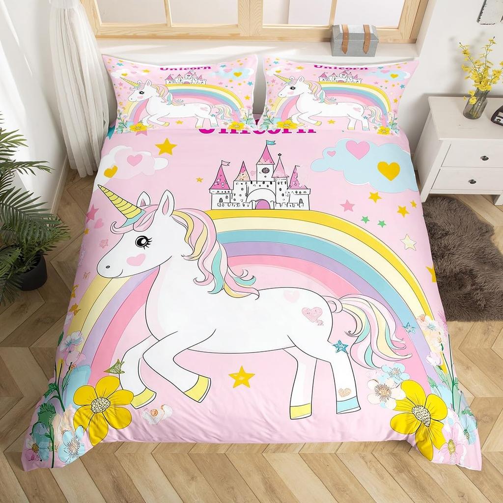 Children Kids Unicorn Soft Duvet Cover Single Quen King, Adorable Lovely Cat Carton Warm Comforter Cover featuring 2 Pilowcase Fish Scale Beding Set