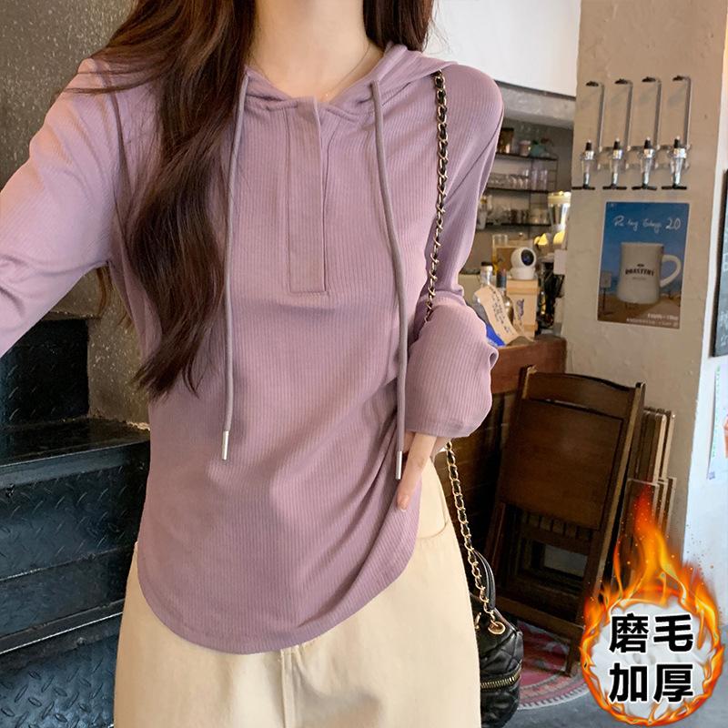Pure Desire Hot Girl Style Waist Short T-Shirt Women's Hooded Polo Shirt Autumn Curved Hem Right Shoulder Slim Long Sleeve Top