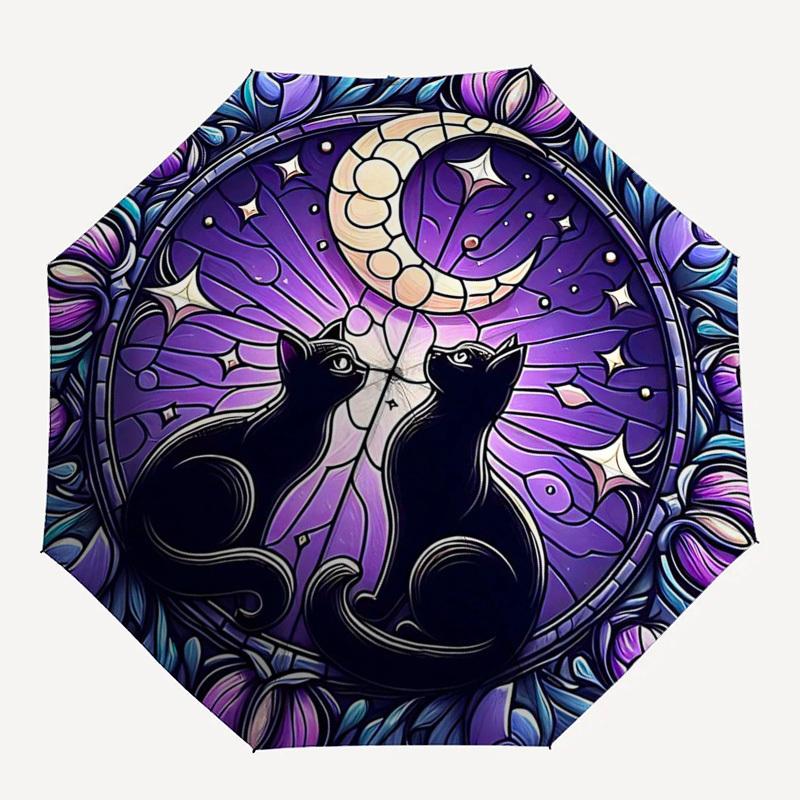 1 Stück Buntglas Katzen Mond Sterne Automatisches Öffnen Schließen Regenschirm, Tragbares Dreifach faltbares Design mit 8-Speichen Eisenrahmen, Outdoor für Fans, Reisende, Tägliche Nutzung, F